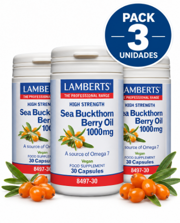 Pack 3 Aceite de Espino Amarillo 1000 mg Alta Potencia Lamberts | Omega 7 Puro | Vegano | 30 Cápsulas