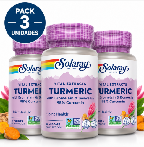 Pack 3 Advanced Turmeric (Bromelain & Boswellia) Solaray | Cúrcuma 95% Curcumina | Vegano | 60 Cápsulas