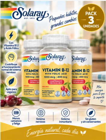 Pack 3 Vitamina B-12 2000 mcg Solaray | Sublingual | 90 Comprimidos
