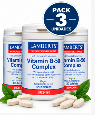 Pack 3 Complejo Vitamina B-50 Lamberts | Alta Potencia | Vegano | 120 Comprimidos