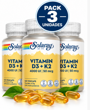 Pack 3 Vitamina D3 4000 UI + K2 MK-7 50 mcg Solaray | 120 Cápsulas Vegetales