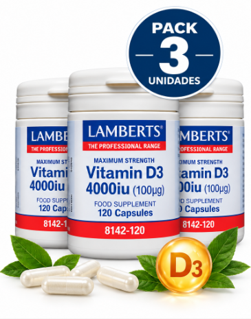 Pack 3 Vitamina D3 4000 UI (100 µg) Máxima Potencia Lamberts | 120 Cápsulas