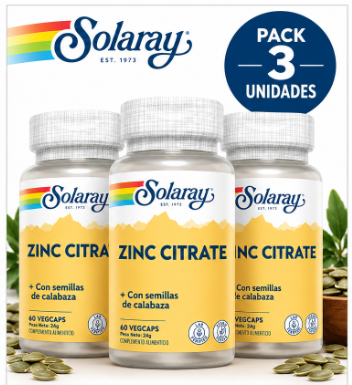 Pack 3 Zinc Citrato 25 mg + Semilla de Calabaza Solaray | 60 Cápsulas