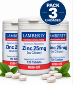 Pack 3 Zinc 25mg Citrato Lamberts | Máxima Absorción | Vegano | 120 Comprimidos