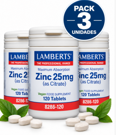 Pack 3 Zinc 25mg Citrato Lamberts | Máxima Absorción | Vegano | 120 Comprimidos