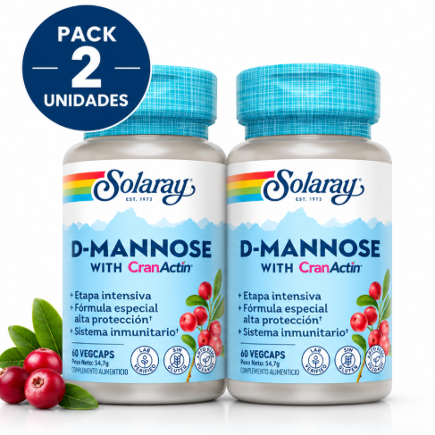 Pack 2 D-Mannose/CranActin® Solaray | D-Manosa + Arándano Rojo Americano | Vegano | 60 Cápsulas