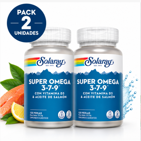 Pack 2 Super Omega 3-7-9 Solaray | Salmón, Espino Amarillo y Oliva Virgen Extra con Vitamina D3 | 120 Perlas