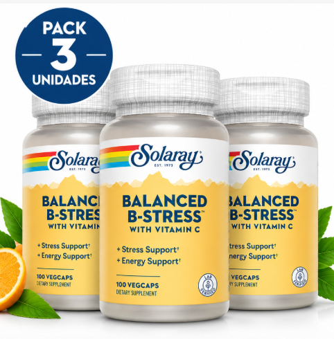 Pack 3 Nutritionally Balanced B-Stress Solaray | Complejo B Completo + 300mg Vitamina C | 100 Cápsulas