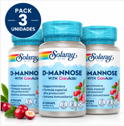 Pack 3 D-Mannose/CranActin® Solaray | D-Manosa + Arándano Rojo Americano | Vegano | 60 Cápsulas