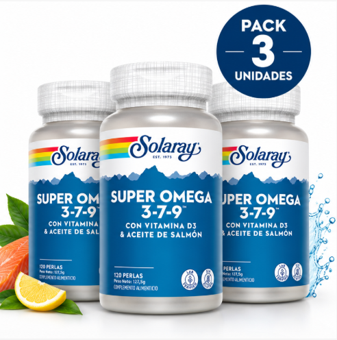 Pack 3 Super Omega 3-7-9 Solaray | Salmón, Espino Amarillo y Oliva Virgen Extra con Vitamina D3 | 120 Perlas
