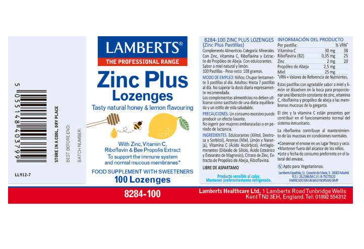 Zinc Plus Lamberts | Zinc, Vitamina C, Propóleo y Miel | Masticable Sabor Miel y Limón | 100 Comprimidos